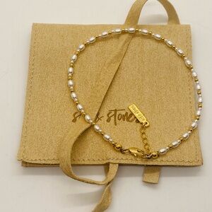 NWT Set & Stones Shelly Anklet Bracelet Elegant Gold and White Pearl 9.5”+1”